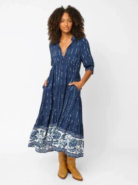 Natural Life Rebecca Midi Dress - Indigo Shibori Stripe XS